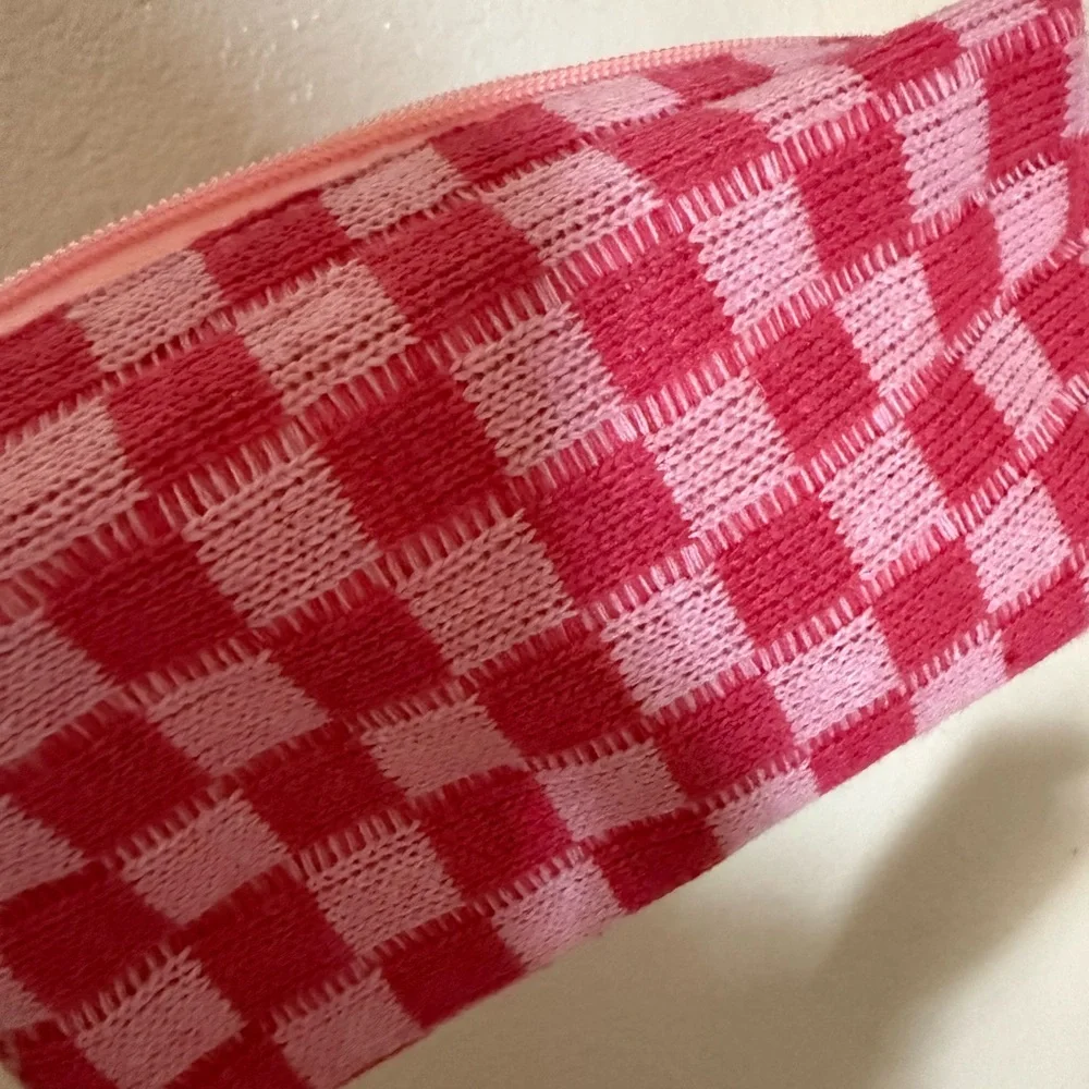 Set of two zippered cosmetic makeup bags matching pink checkered
